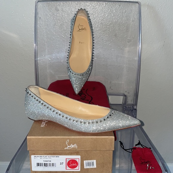 Christian Louboutin new 37,ANJALINA FLAT GLITTER MINI SV71 SILVER,serial#1200727 - Picture 13 of 14